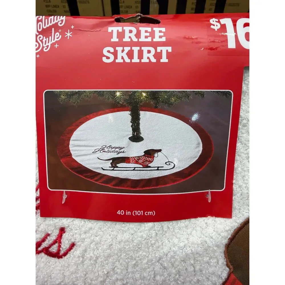 NWT Dachshund Christmas Tree Skirt 40” Happy Holidays Red Faux Fur Trim